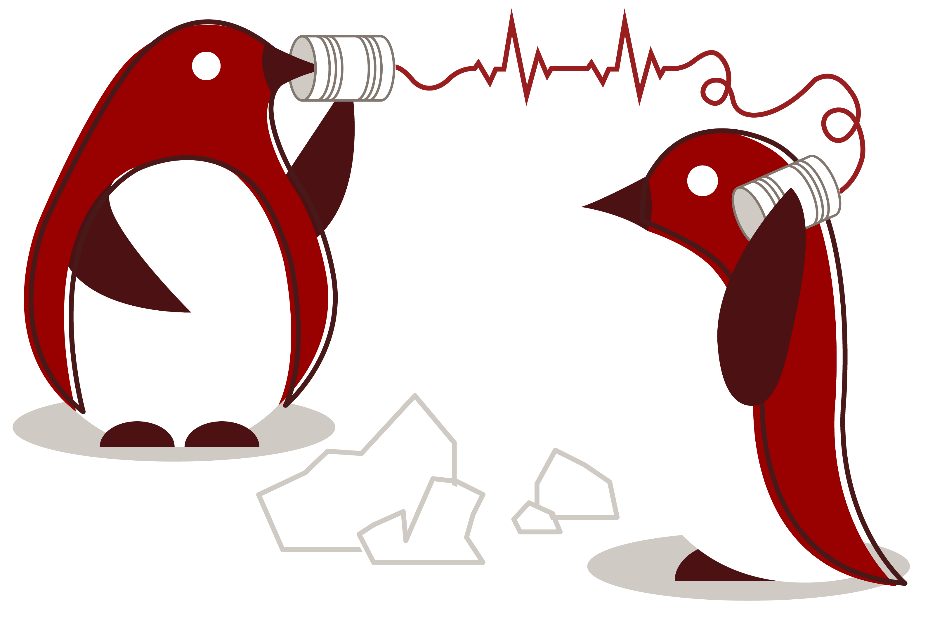 Illustration of two penguins talking on a tin can telephone