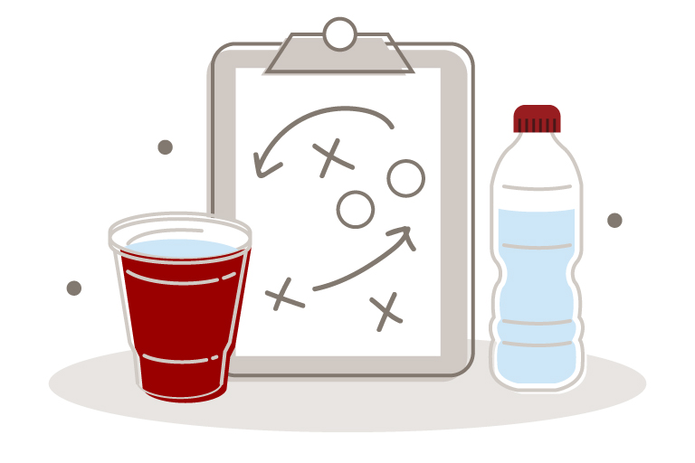 Illustration of solo cup and water bottle in front of clipboard showing X's, O's, and arrows