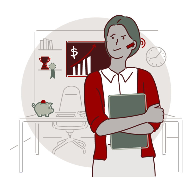 Illustration of an economist holding a laptop and with a bluetooth speaker in her ear. There are money charts, a piggy bank and awards in the office in the background