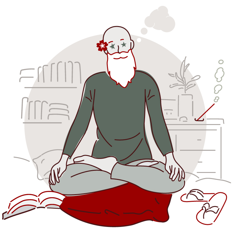 Illustration of a guru sitting cross-legged on a pillow, flower behind the ear, with books and flip flops on the ground next to him