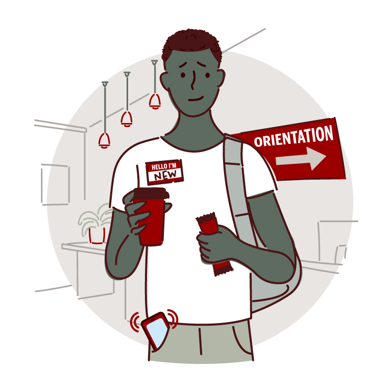 Illustration of an intern looking looking a bit unsure, holding candy in one hand and coffee in the other, with a nametag that says "Hello I'm new"