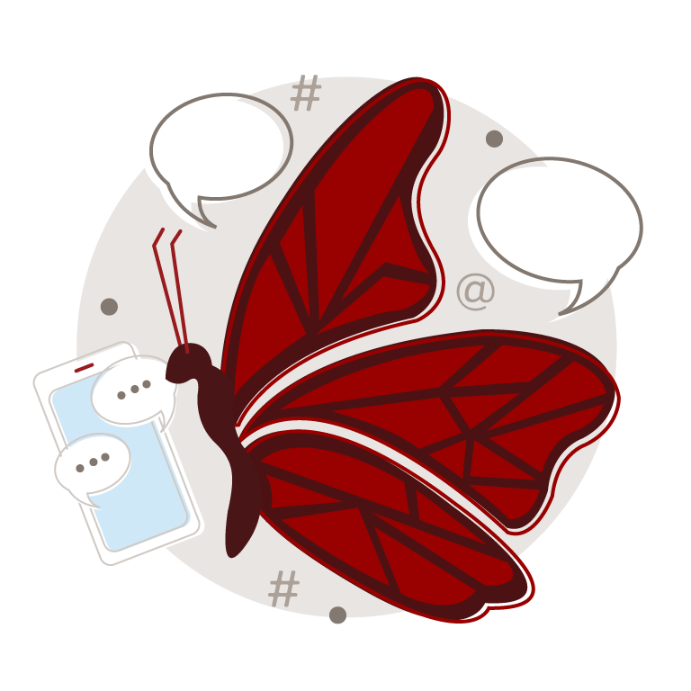 Illustration of a butterfly with a cell phone and speech bubbles around it.
